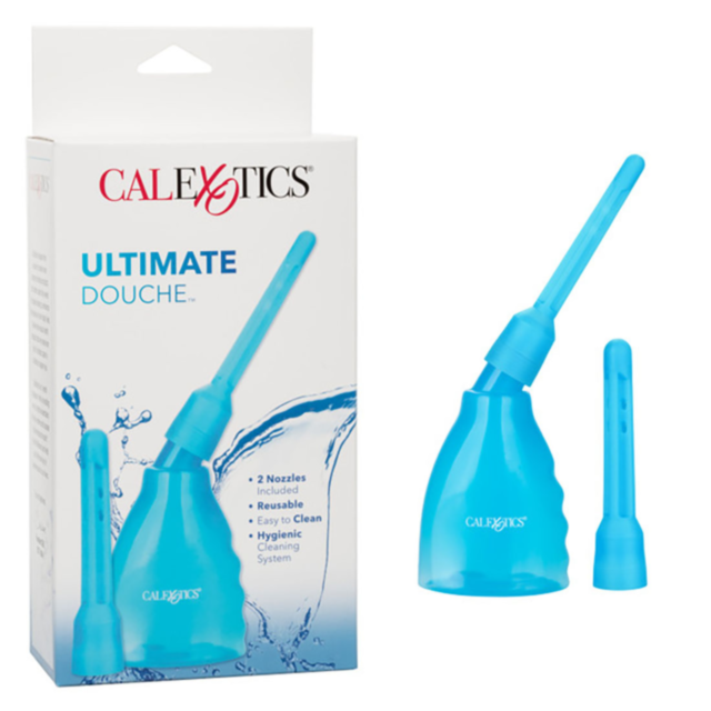 A Cal Exotics Ultimate Douche Blue kit is showcased, ideal for anal play. The kit features a squeeze bulb and two nozzles, with the packaging emphasizing its reusable nature and ease of cleaning.
