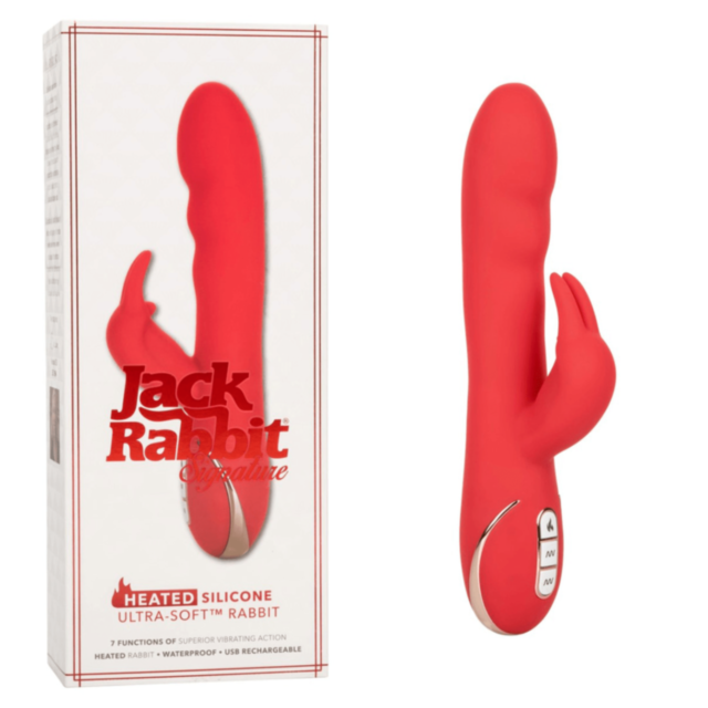 The "Cal Exotics-Jack Rabbit Sig. Heat Silver Ultra Soft" design showcases a gray circle with a rocket icon in the center, surrounded by stars on a green background. Made from ultra-soft silicone, it provides a sleek touch. The text "No Image" is inscribe