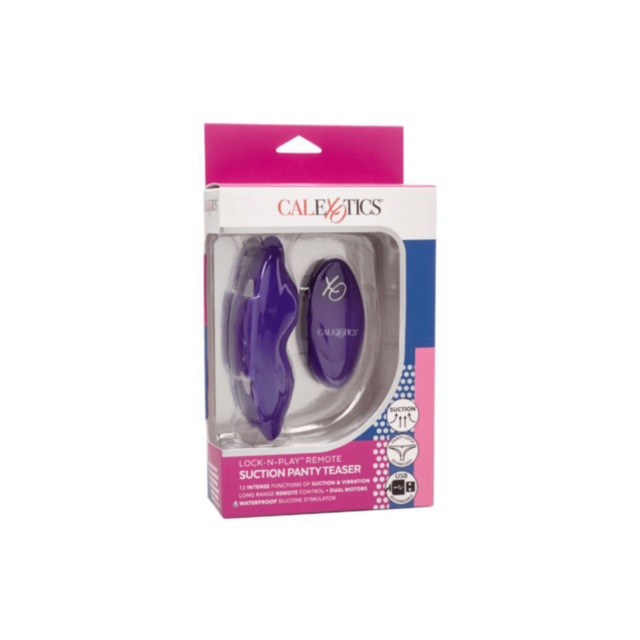 The vibrant design features the phrase "No Image" above a circular motif with a rocket and stars on a green background, evoking the advanced precision of the Cal Exotics-Lock N Play Suction Panty Teaser-Purple.