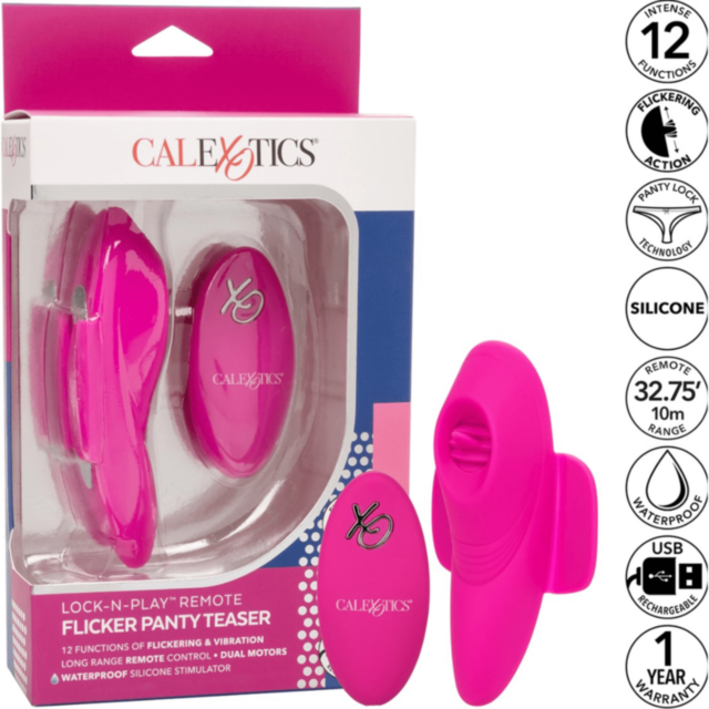 The product image for the Cal Exotics-Lock N Play Flicker Panty Teaser-Pink displays a dark green background with "No Image" at the top. Beneath this, a gray illustration of a rocket launching into space is encased in a circular design featuring stars and