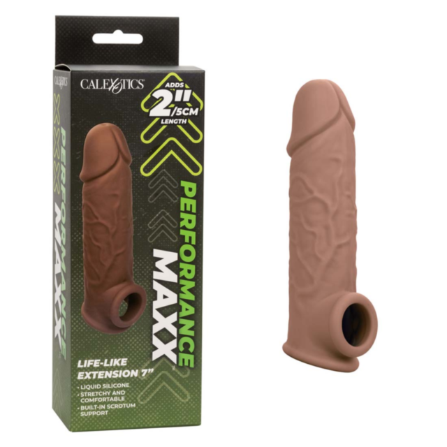 A green background features a gray rocket icon, made from high-quality liquid silicone, ascending within a circle filled with stars. The text "No Image" appears above the graphic for the Cal Exotics-Performance Max Life Like Ext 7in-Brown.