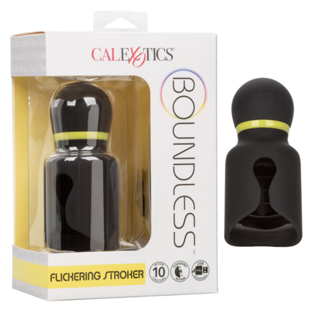 A green background with a gray icon of a rocket inside a circle suggests the thrilling launch of new experiences. Above it, the words "Cal Exotics-Boundless Flickering Stroker" are written, hinting at unseen adventures akin to the pulsating excitement of 