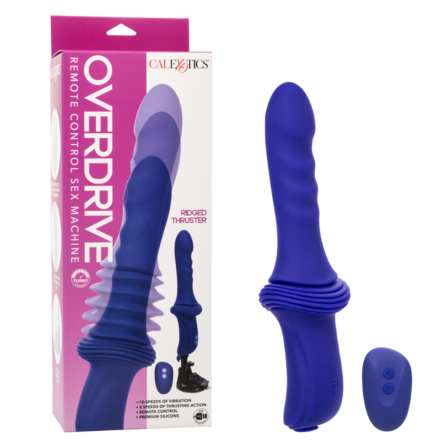 The Cal Exotics-Overdrive Rigged Thruster-Purple is a remote control sex machine with a ribbed design. Its packaging highlights exciting features such as vibration and thrusting action, 10 vibration speeds, and premium silicone material for ultimate pleas