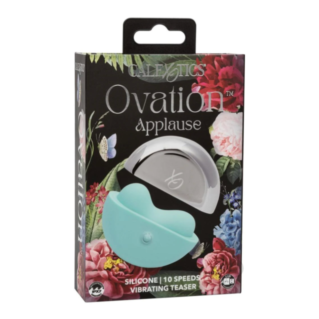 The product Cal Exotics-Ovation Applause features a green placeholder image with a gray rocket and planet icon in the center, surrounded by stars. Made from body-safe silicone, it offers peace of mind while being waterproof for enhanced durability. The ph