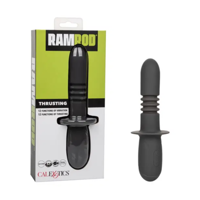 A product named Cal Exotics-Ramrod Thrusting showcases a triangular dynamic design with flowing green lines, white leaves, butterfly patterns, and green leaves. Made from body-safe silicone elements, the name is elegantly written in white script with "leg