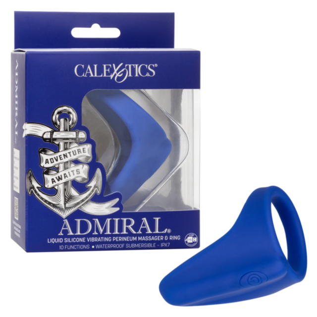 The Cal Exotics-Admiral Liquid Sil Vibe Perineum Massage Ring showcases a vibrant green backdrop with a gray rocket ship circling a planet, which is surrounded by a silicone ring and adorned with stars. Above this graphic, the phrase "No Image" appears in