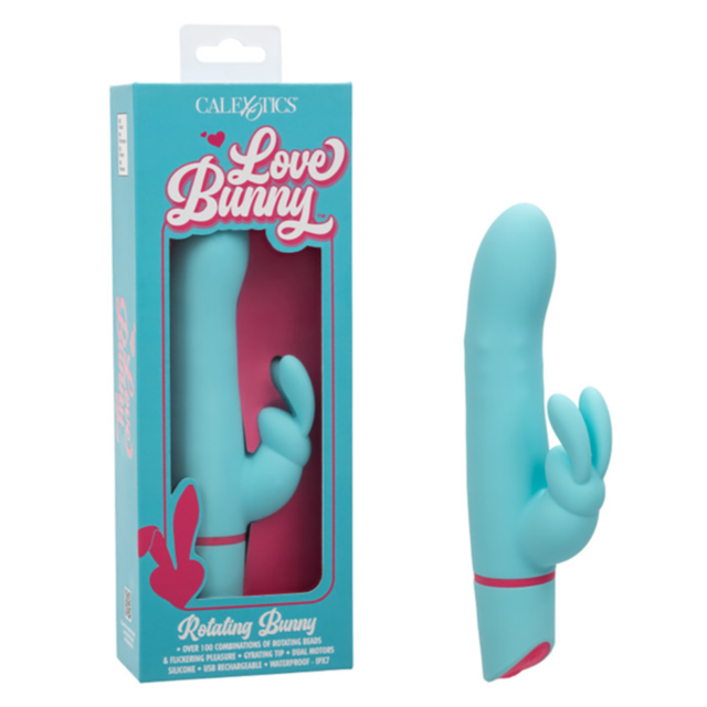 The Cal Exotics-Love Bunny Rotating Bunny, a light blue dual stimulator, comes in a turquoise box with pink cursive text. It features a classic shape and playful rabbit ear attachments for enhanced pleasure.