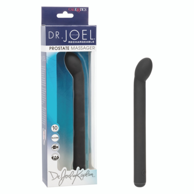 A black, slender, curved silicone prostate massager is shown beside its packaging, labeled Cal Exotics-Dr Kaplan Rechargeable Prostate Massager with product details and branding visible.
