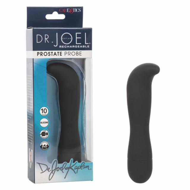A curved black silicone Cal Exotics-Dr Kaplan Rechargeable Prostate Probe is pictured beside its box, which features product details and an image of the probe.