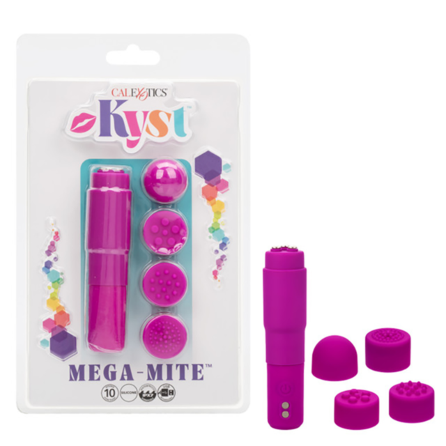 A pink Cal Exotics-Kyst Mega Mite rechargeable personal stimulator, featuring four interchangeable silicone tips, is displayed in and out of gem-adorned packaging.