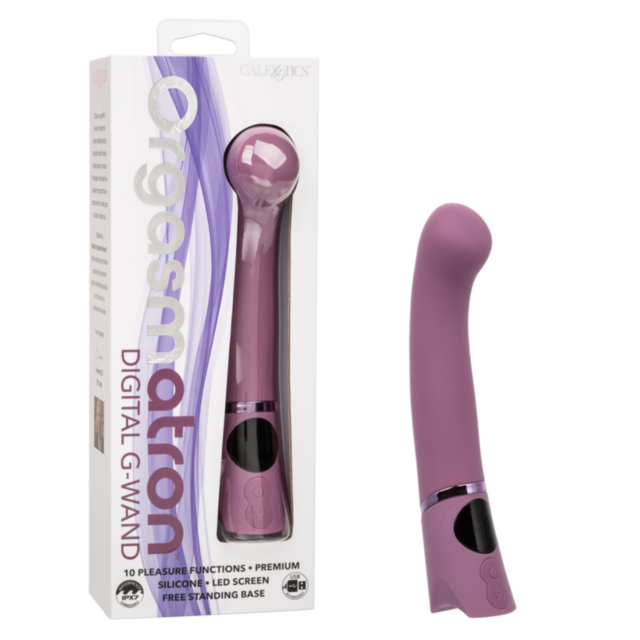 The Cal Exotics-Orgasmatron Digital G Wand in purple is shown beside its box, which displays product info and images. This wand massager offers multiple vibration functions for versatile and enhanced pleasure.