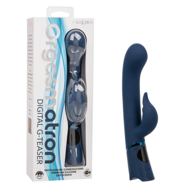 The Cal Exotics-Orgasmatron Digital G Teaser in navy blue, made from body-safe silicone with a curved tip and small external stimulator, is pictured beside its packaging showcasing its top features.