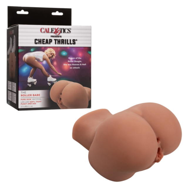 The packaging showcases Cal Exotics-Cheap Thrills The Roller Babe, an adult toy shaped like a torso on roller skates, crafted from beige-colored Pure Skin. It offers dual entry for an enhanced experience and is prominently labeled with "CalExotics Present