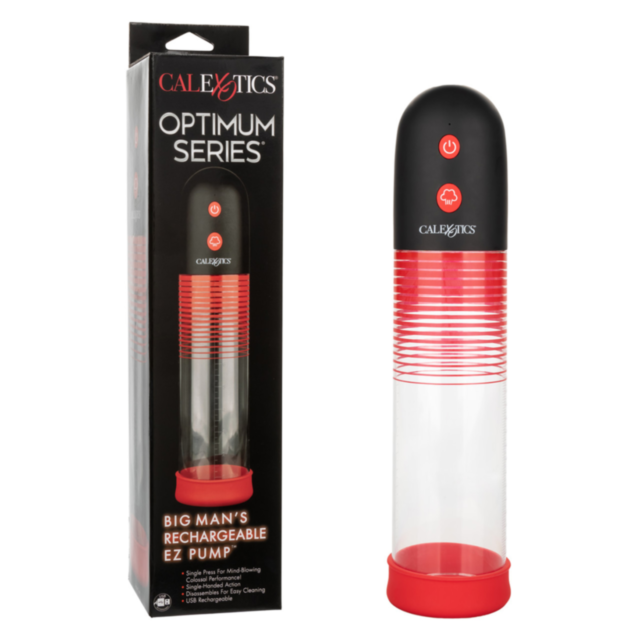 The Cal Exotics-Optimum Big Man Recharge EZ Pump comes with its box, featuring a clear cylindrical chamber with red and black accents, easy top control buttons, and a soft silicone donut for added comfort.