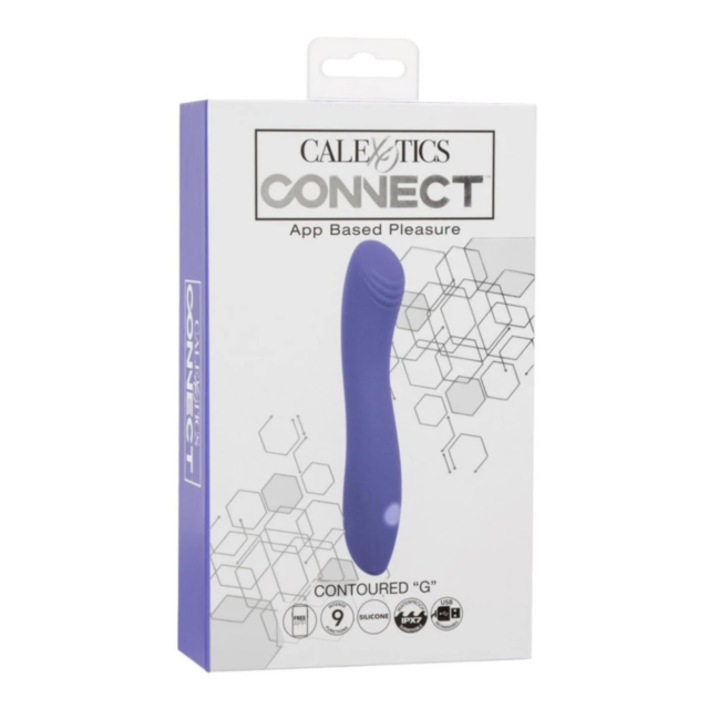 The Cal Exotics-Connect Contoured G offers a vibrant and colorful experience, reminiscent of a lively beach scene with orange, pink, and purple hues. Silhouetted palm trees and bright surfboards enhance the sensory stimulation it provides, creating an atm
