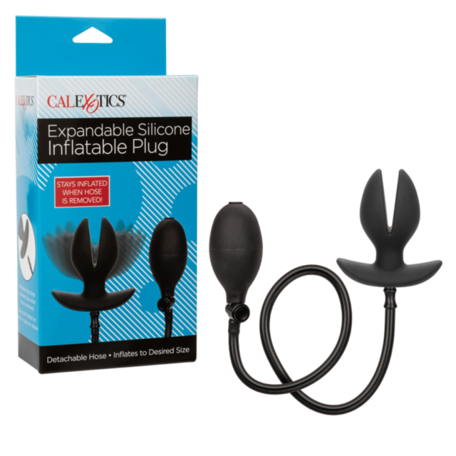 The Cal Exotics-Expandable Sil Inflatable Plug in black is shown beside its box, which features the product name and an image of the plug on a blue and white background. The plug offers customizable sensations.