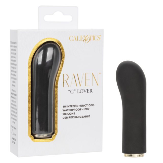 Packaging and product description for the Cal Exotics-Raven G Lover-Black silicone massager. This sleek, mini device provides targeted stimulation with 10 functions, an IPX7 waterproof rating, and USB rechargeability. Its curved design ensures a smooth fi