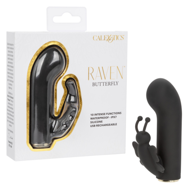 The Cal Exotics-Raven Butterfly-Black mini dual massager features a sleek black silicone design with an elegant butterfly motif on the packaging. It offers G-spot stimulation, 10 intense functions, an IPX7 waterproof rating, and is USB rechargeable.