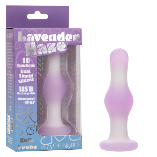 A Cal Exotics-Lavender Haze Bulb Probe in lavender and white stands beside its box, which showcases 10 vibration functions, ultra-soft Liquid Silicone, USB rechargeable design, and waterproof features.