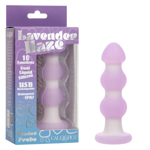 Boxed and unboxed views of the Cal Exotics-Lavender Haze Beaded Probe, a lavender liquid silicone vibrating plug, showcasing its 10 functions, USB rechargeability, and water resistance.