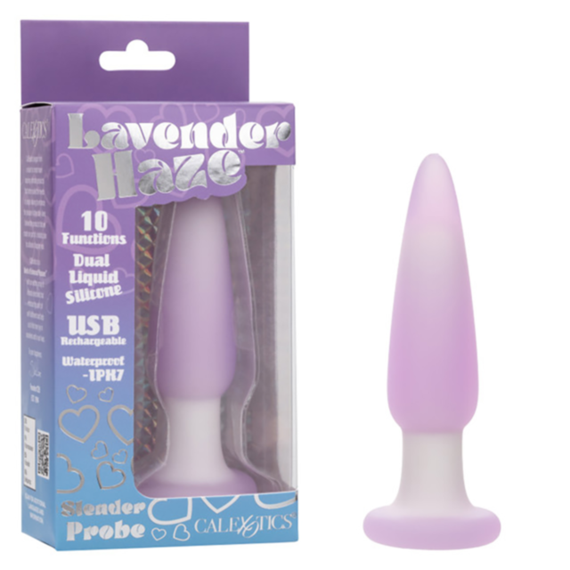 The Cal Exotics-Lavender Haze Slender Probe is elegantly shown with its box, highlighting features like 10 Functions, Dual Liquid Silicone, and USB Rechargeable. This lavender vibrating probe is fully waterproof for versatile enjoyment.