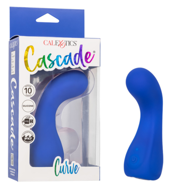 The Cal Exotics-Cascade Curve-Blue stands upright beside its box, showcasing powerful rumbling vibrations, 10 functions, USB recharging, waterproof design, and body-safe silicone for confidence and comfort.