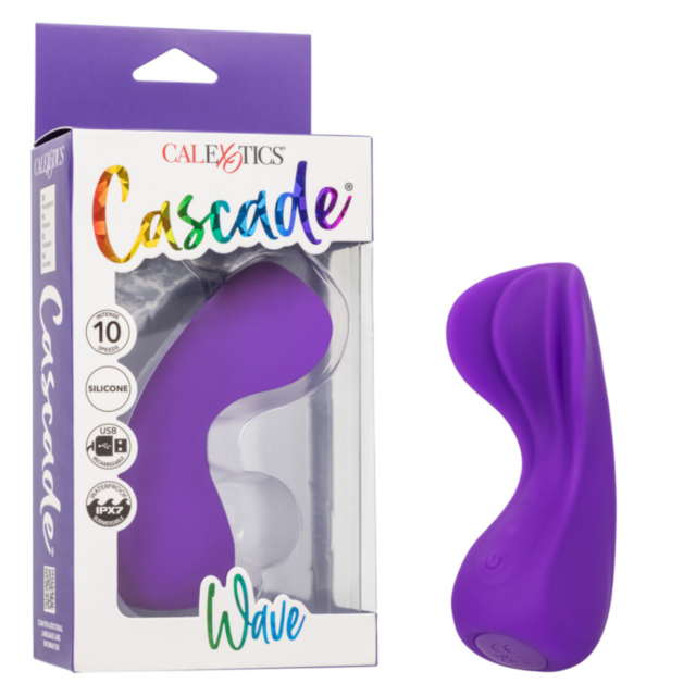 The Cal Exotics-Cascade Wave-Purple vibrator, made of body-safe silicone, is shown next to its packaging, showcasing pleasure ridges, USB rechargeable design, and 10 vibration functions for enhanced enjoyment.