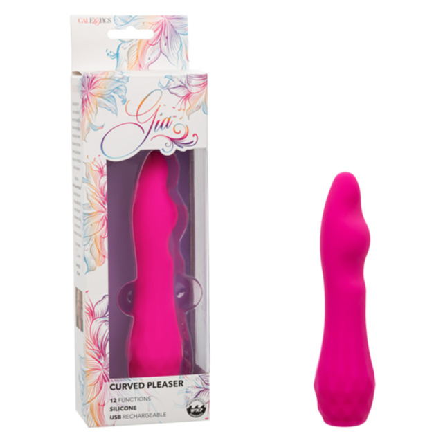 The Cal Exotics-Gia Curved Pleaser-Pink vibrator is displayed beside its floral packaging, featuring 12 functions, a waterproof silicone design, and USB rechargeability.