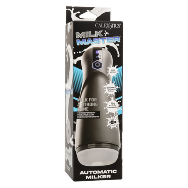 The Cal Exotics-Milk Master Auto Milker, in a sleek black design, is elegantly packaged to showcase its innovative features and futuristic elements, highlighting its cutting-edge pleasure technology.