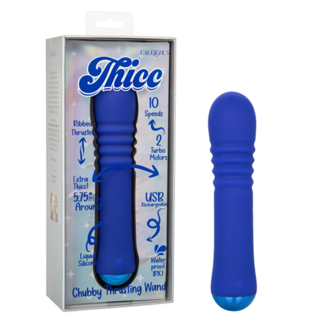 The Cal Exotics Thicc Chubby Thrusting Wand in blue, crafted from liquid silicone, is shown by its packaging and features dual motors, ribbed texture, 10 speeds, USB rechargeability, waterproof design, and extra thickness.