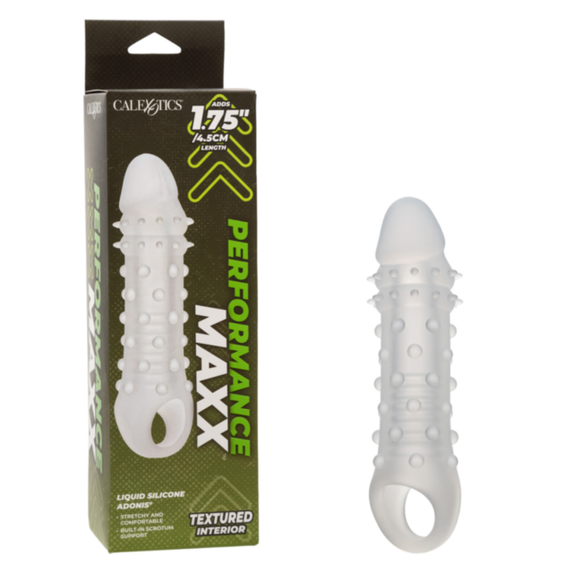 The Cal Exotics-Performance Maxx Liquid Sil Adonis, a textured silicone sleeve featuring raised dots and a handy finger loop, is shown next to its box stating Performance Maxx and Liquid Silicone Add-On, offering an extra 1.75 inches in length.