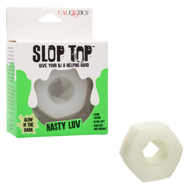 The Cal Exotics-Slop Top Nasty Luv Stroker-White is a glow-in-the-dark novelty sleeve made from soft Liquid Silicone for oral activities, featuring a white flexible body, hexagonal opening, and green-and-white dripping box packaging.