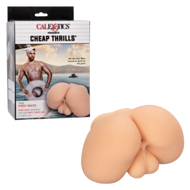 The Cal Exotics Cheap Thrills The First Mate-Ivory, a realistic ivory male sex toy made with Pure Skin Material, is shown in front of its box featuring a man on a boat and the product name.
