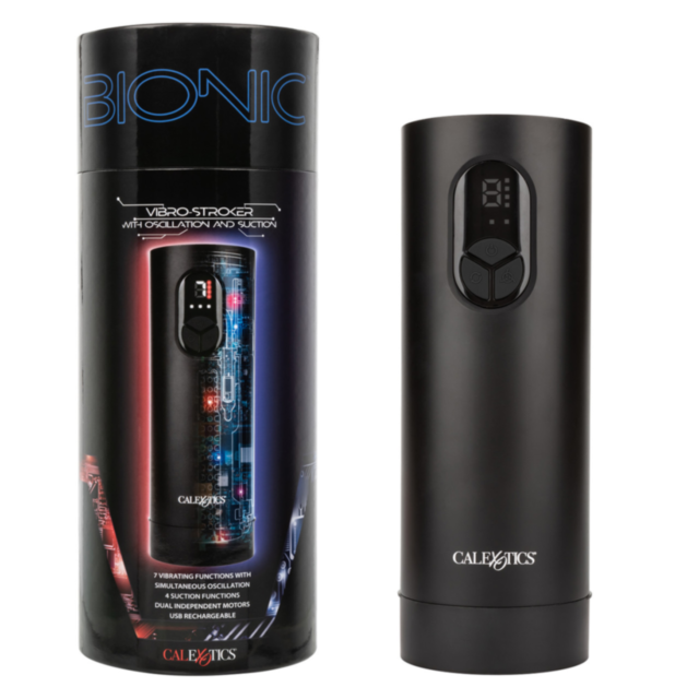 The Cal Exotics-Bionic Vibro Stroker w Oscillation and Suction, shown in black with digital buttons and packaging featuring blue and red graphics, delivers intense vibration, oscillation, and suction for a powerful experience.