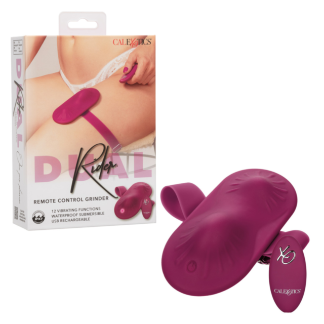 The Cal Exotics-Dual Rider RC Grinder in burgundy, a hands-free massager, is showcased beside its box featuring the product in use. The packaging highlights attributes such as 12 vibrating functions, waterproof capability, and USB rechargeability.