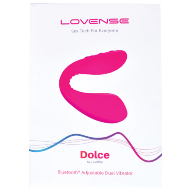 The image displays the packaging for the Lovense Dolce Dual Stim Vibe Pink, a USB rechargeable dual-stimulating vibrator. The text reads "Sex Tech For Everyone" and "Bluetooth Adjustable Dual Vibrator," complemented by a colorful wave design at the bottom