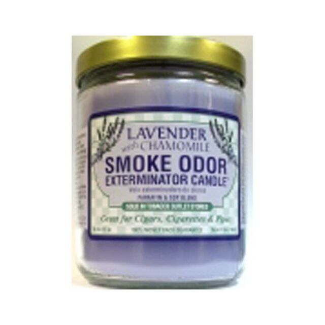 Illustration of a retro-style rocket ship soaring diagonally across a green background, surrounded by stars and enclosed in a circular orbit design. The bold white words "Lavender W Chamomille" evoke the imagery of clearing cigarette odors under the crisp