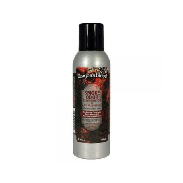 A graphic of a light gray rocket with a circular trail and stars against a dark green background evokes the freshness of air quality. The text "Smoke Odor Spray Dragons Blood" is displayed above the rocket, reminiscent of air fresheners working like an od