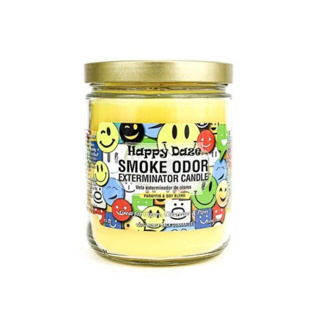 An image featuring a green background with a gray rocket illustration, encircled and pointing upwards amidst stars, promises to eliminate pet odors. The text "No Image" is prominently displayed at the top for the Smoke Odor Candle HAPPY DAZE.