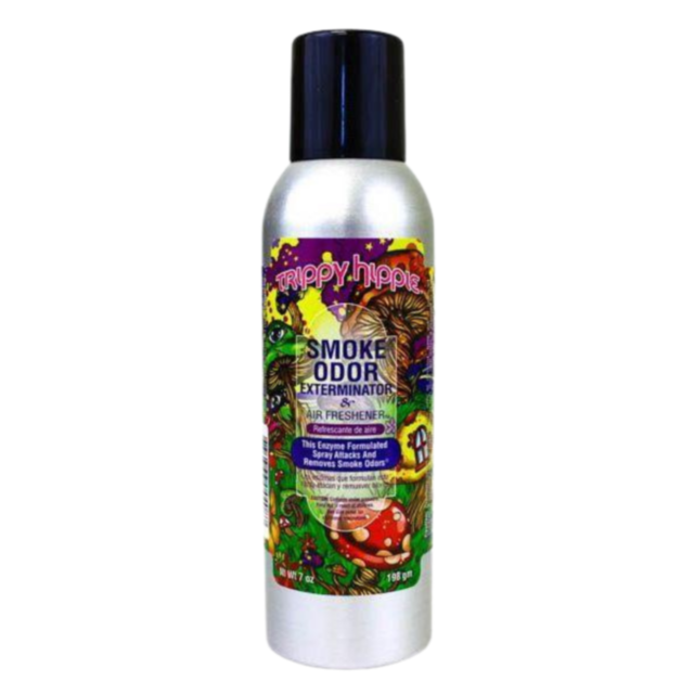 A green background features the phrase "No Image" above a stylized rocket launching into space, surrounded by billowing smoke. Encircled by a border filled with stars, it represents the mission of Smoke Odor Spray Trippie Hippie in eliminating unwanted od