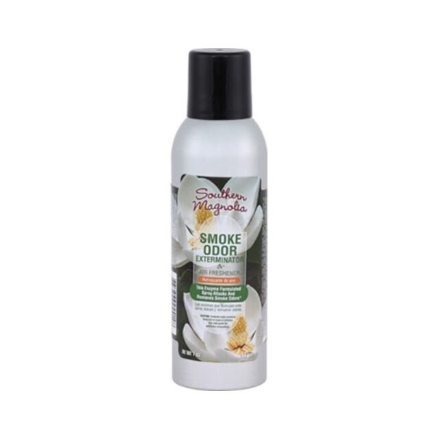A gray rocket within a circle, accompanied by stars and a planet on a green background, evokes the freshness of space. Above it is the text "No Image," bringing to mind the elegance and purifying qualities of Smoke Odor 7oz Spray in Southern Magnolia scen