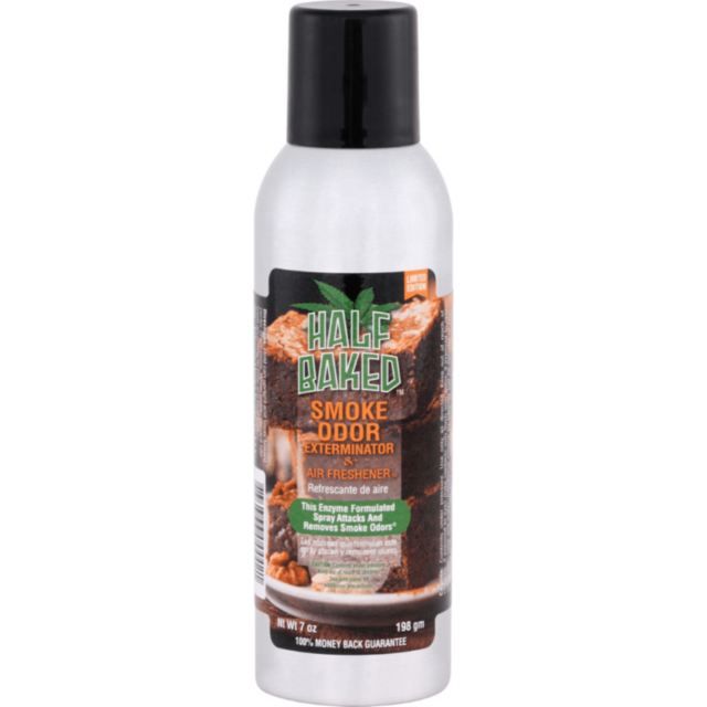 Graphic with "Smoke Odor Spray Half Baked" text above an icon of a rocket launching in a circle with stars on a green background, reminiscent of the warm aroma of hot fudge brownies.