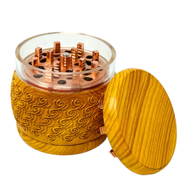 A dark green background with the words "55mm 4pc Palpitate Large Bell Shaped Wood Finished Grinder" at the top. Below is a graphic of a rocket ship inside a circle, glowing like an LED light, surrounded by small stars.