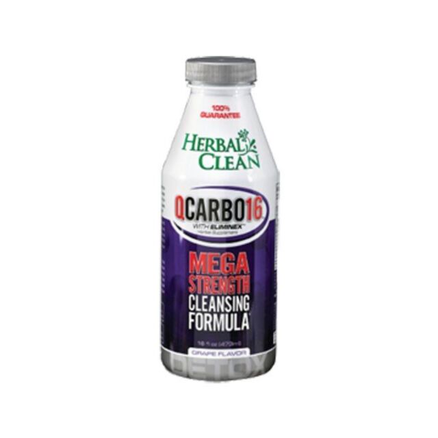 A green sign with "No Image" written in white at the top promotes a detoxifying solution. Below, a white icon of a rocket taking off surrounded by stars symbolizes the launching power of Q Carbo 16oz Grape for your system.