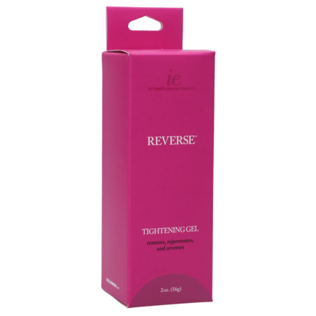 Within a circular frame, a rocket blasts off into space amidst twinkling stars against a green backdrop. Above the image, the words "Intimate Enhancements Reverse Tightening Gel" appear in white text, symbolizing the exploration of new frontiers in intima