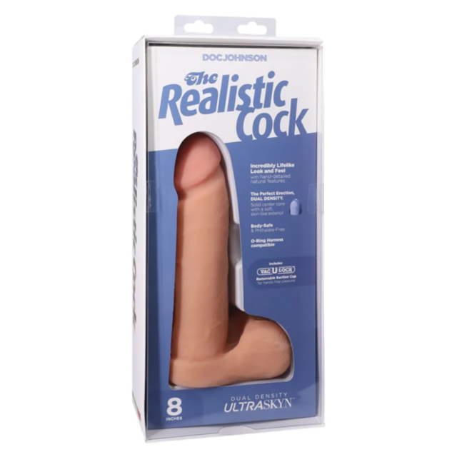 The Realistic Cock Ultraskyn with VUL Suction Cup 8in-Flesh is packaged in a vertical box featuring a lifelike design. The blue outer cover has white text detailing size and features like the suction cup, with Doc Johnson prominently displayed at the top.