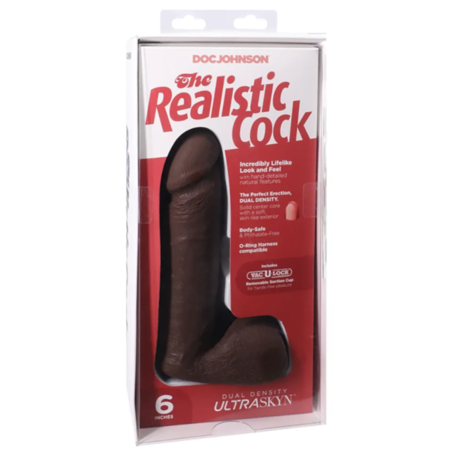 Boxed product named The Realistic Cock Ultraskyn w VUL 6in-Chocolate features ultra-realistic Dual-Density ULTRASKYN and is compatible with Vac U Lock systems, measuring 6 inches.