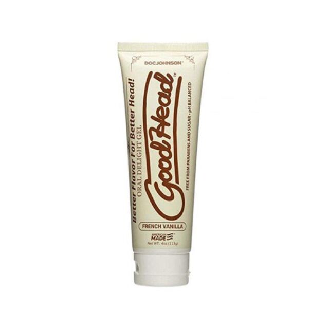 Text reading "Goodhead Oral Delight Gel Vanilla" above a graphic of a rocket and planet with stars on a green background, reminiscent of the smooth allure of French vanilla flavor.