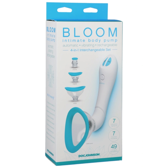 In a playful nod to modern technology, the Bloom Intimate Pump Auto Vibrating Blue White is depicted with a green placeholder image featuring "No Image" text at the top, illustrating a simplified rocket flying in space amidst small stars that subtly allud