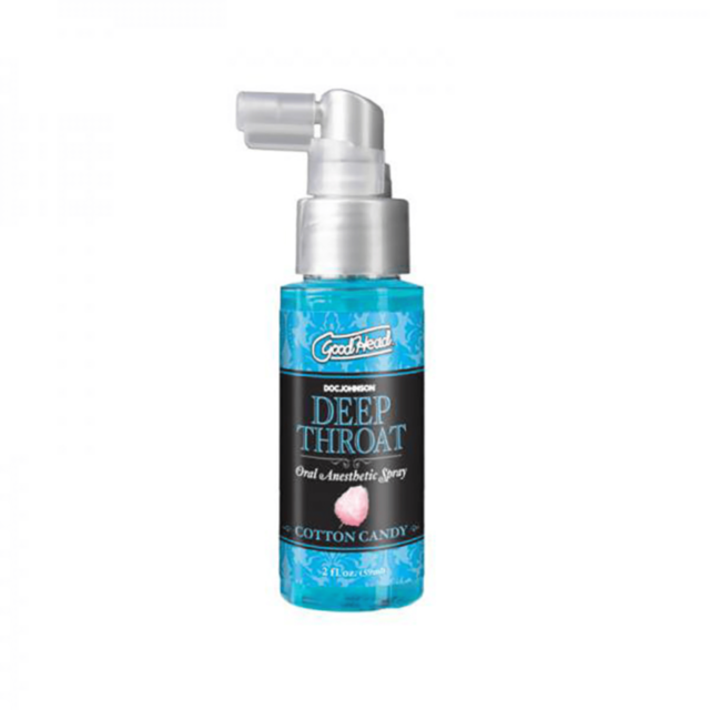 The Goodhead Deep Throat Spray in cotton candy flavor, available in a 2 fl oz size, is designed to ease the gag reflex. It comes in a turquoise bottle equipped with a convenient pump nozzle and features a decorative label displaying the product details.